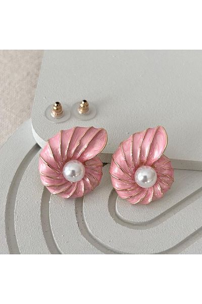 juleeco Pink Pearl Detailed Seashell Gold Earrings (2,5X3 cm)