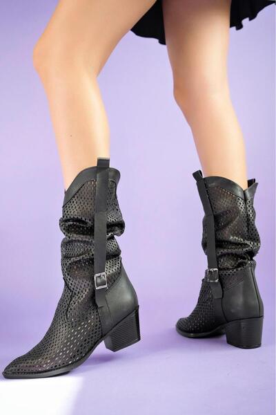 LACCE-UP Women's Laser Cut Perforated Western Cowboy Summer Heeled Festival Boots