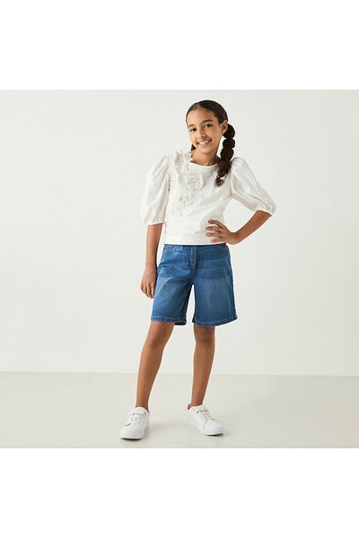 ELIGO Floral Applique Top with Puff Sleeves