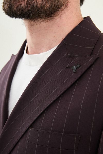 Mcr Striped Slim Fit Wide Collar Double Breasted Men's Suit Burgundy - 45403.25Y