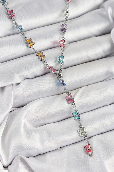 Clariss Brass Colored Zircon Stone Butterfly Model Silver Color Women's Y Necklace