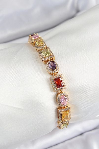 Clariss Brass Mixed Zircon Stone Baguette Model Gold Color Vip Series Women's Bracelet