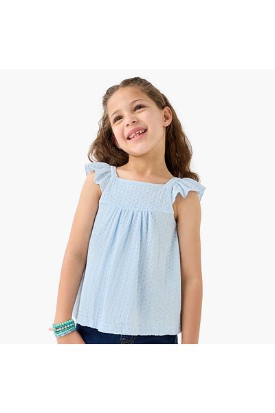 Juniors Textured Sleeveless Top with Square Neck and Bow Detail