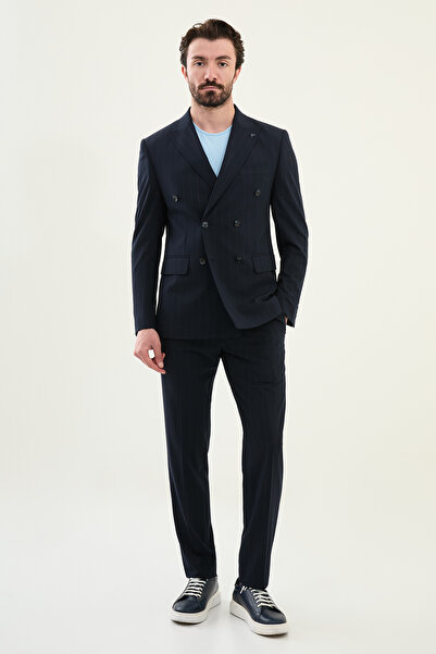 Mcr Striped Slim Fit Wide Collar Double Breasted Men's Suit Navy Blue - 45403.25Y