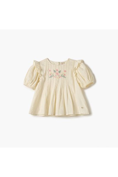 giggles Floral Embroidered Top with Puff Sleeves