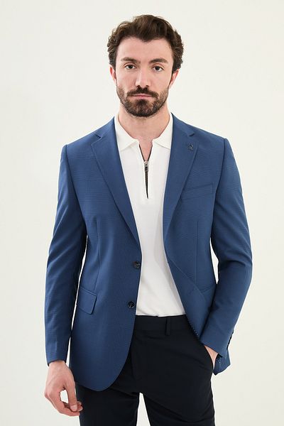 Mcr Plaid Slim Fit Mono Collar Men's Jacket Navy Blue - 41452.25Y