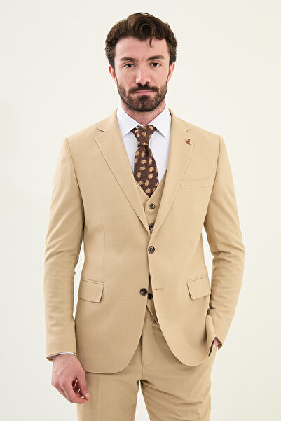 Mcr Patterned Slim Fit Mono Collar Men's Suit Beige - 45404.25Y
