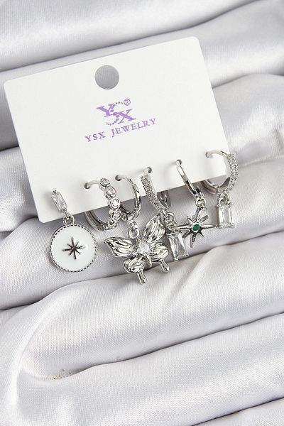 Clariss Brass Zircon Stone Butterfly and Star Model Silver Color 3-Piece Double Women's Earrings