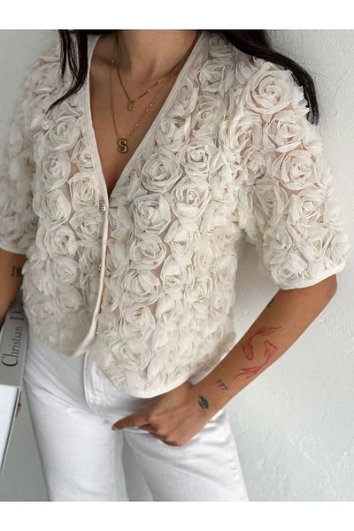 auzou eveil Women's Rose Detailed Short Sleeve Blouse