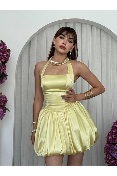 Berf Halter Balloon Skirt Satin Glossy Textured Yellow Mini Dress