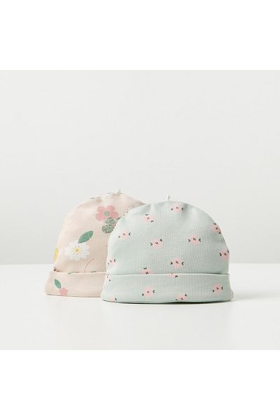 Juniors All-Over Floral Print Cotton Beanie - Set of 2