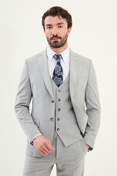 Mcr Striped Slim Fit Mono Collar Wool Men's Suit Gray - 45401.25Y
