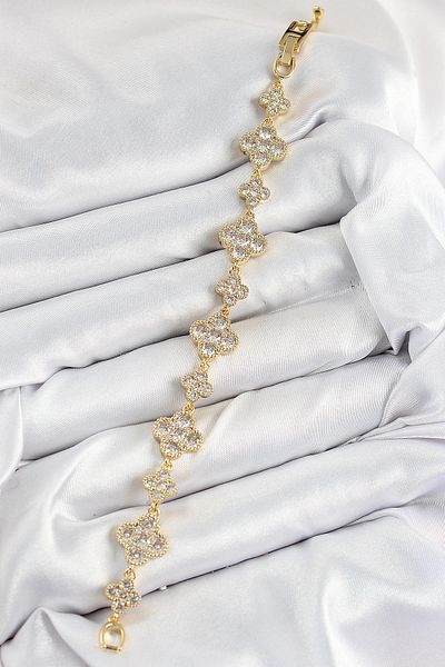Clariss Brass Zircon Stone Clover Model Gold Color Vip Series Women's Bracelet