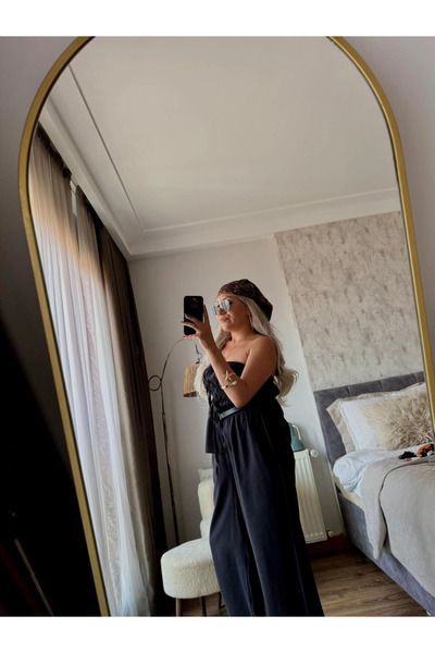 Valeur Casual Strapless Blouse Elastic Waist Trousers Set Black