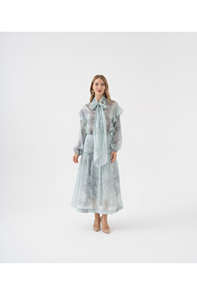 SERPİL Fırfır Detaylı Transparan Çiçek Desenli Bağlama Yakalı Takım