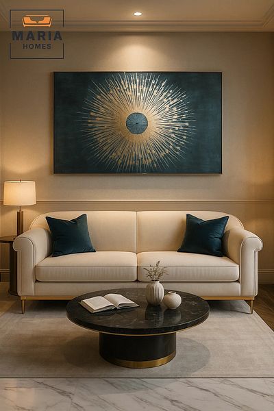 MARIA HOMES لوحة جدارية تجريدية مؤطرة - أشعة الشمس الذهبية على خلفية زرقاء داكنة، مقاس 102×152 سم