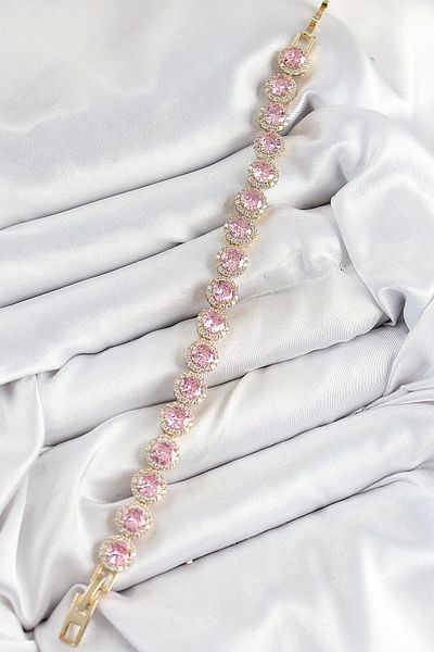 Clariss Brass Pink Zircon Stone Circle Baguette Model Gold Color Vip Series Women's Bracelet