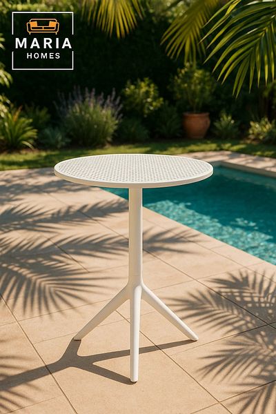 MARIA HOMES White Outdoor Bistro Table with Perforated Top – Plastic Pedestal Design