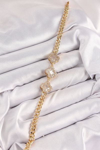 Clariss Brass Zircon Stone Clover Model Gold Color Women's Bracelet
