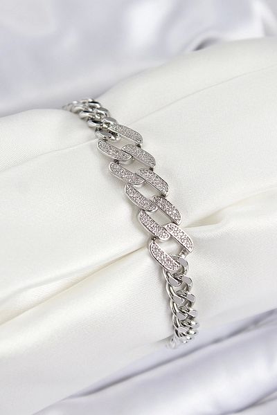Clariss Brass Zircon Stone Crushed Cuban Chain Model Silver Color Women's Bracelet