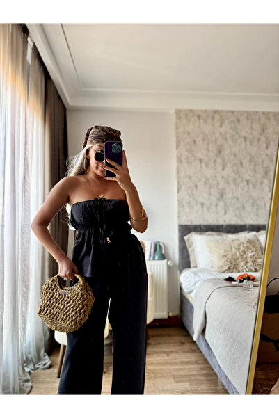 Valeur Casual Strapless Blouse Elastic Waist Trousers Set Black