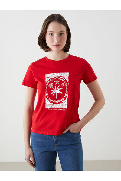 LC Waikiki Νέα σεζόν γυναικείο μπλουζάκι με στάμπα με λαιμόκοψη - S5FP64Z8