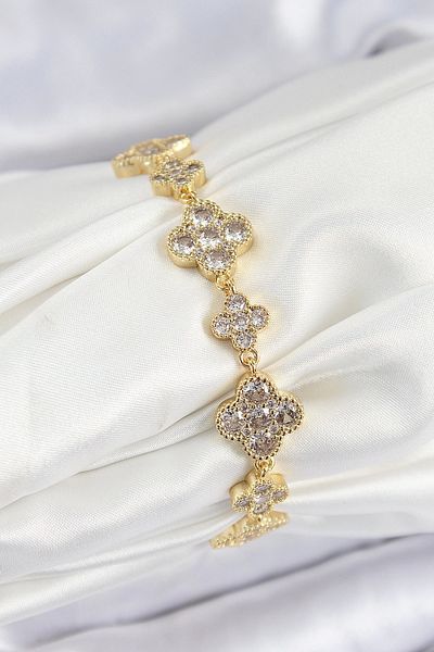 Clariss Brass Zircon Stone Clover Model Gold Color Vip Series Women's Bracelet