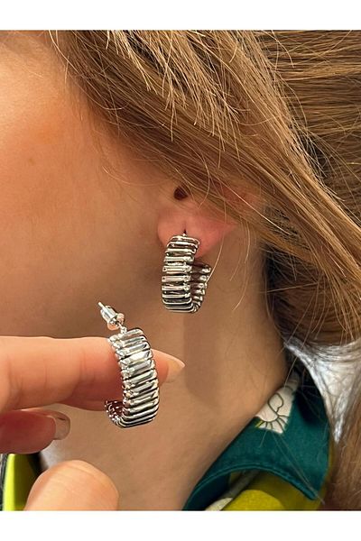 Accessories Hey Silver Color Notched Textured Hoop Shaped Dangle Daily Use Women's Earrings
