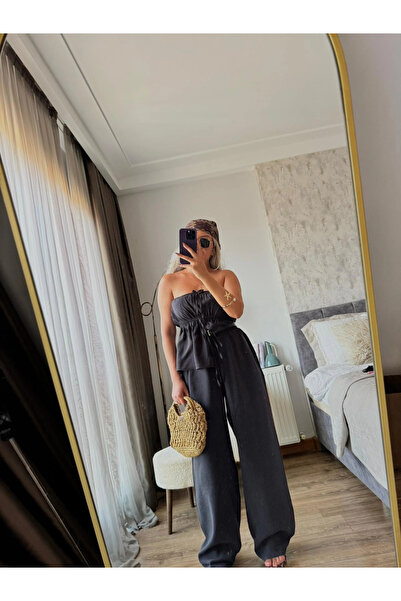 Valeur Casual Strapless Blouse Elastic Waist Trousers Set Black