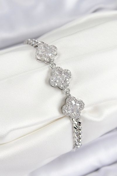 Clariss Brass Zircon Stone Clover Model Silver Color Women's Bracelet