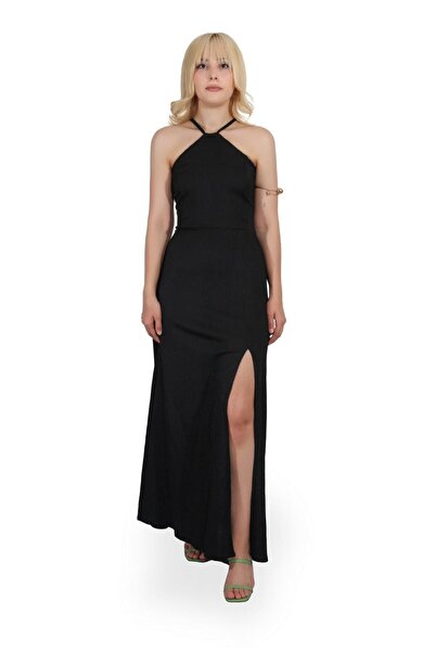haha Women's Slit Halter Neck Backless Dress