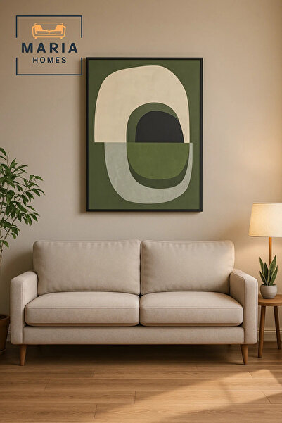 MARIA HOMES Framed Abstract Wall Art – Green & Neutral Organic Shapes Composi...