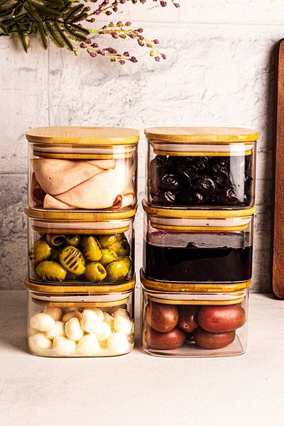 Snippy Bursa - 6-Piece Bamboo Vacuum Square Lid Glass Breakfast Multi-Purpose Borosilicate Glass Snack Bowl 400 ml