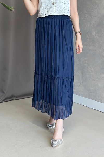 Poliyance İlay Vala Indigo Long Lined Pleated Chiffon Skirt