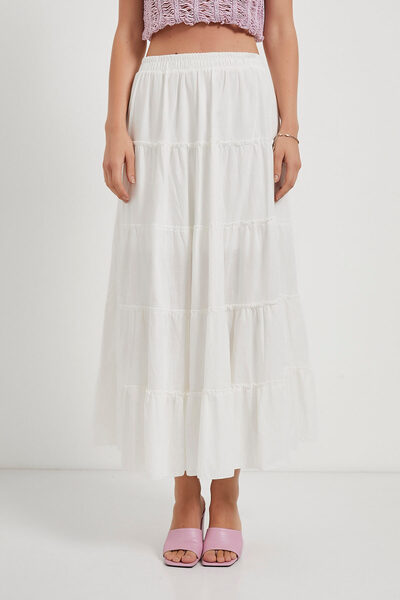 Arma Life Women's Elastic Waist Segmented Flared White Long Skirt