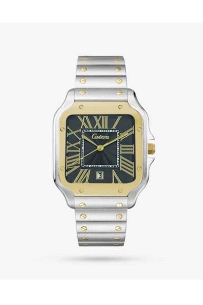 catera Men's square watch with a silver and gold-tone steel strap and a black dial