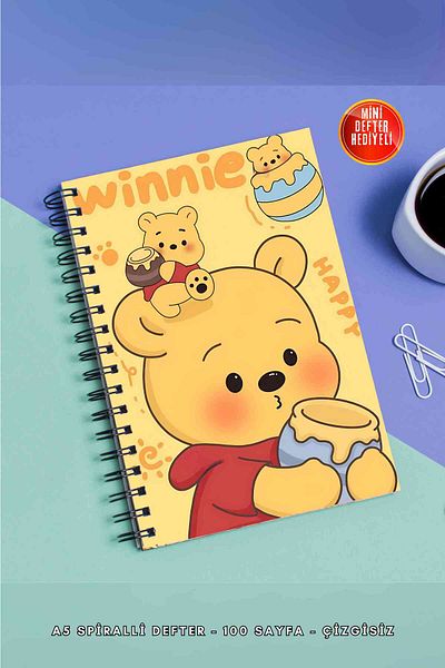 SevindirenŞeyler Winnie the Poo Notebook A5 Metal Spiral Unlined Cardboard Cover Planner Notebook