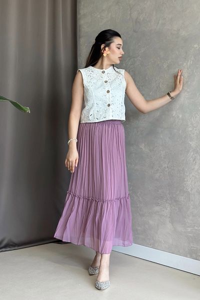 Poliyance İlay Vala Lilac Long Lined Pleated Chiffon Skirt