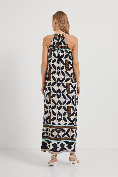 Arma Life Γυναικείο μακρύ φόρεμα με γιακά Halter με μοτίβο Navy