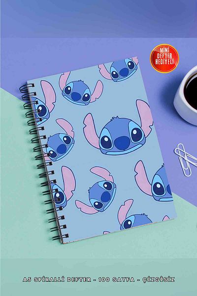 SevindirenŞeyler دفتر ملاحظات من Stitch's Defter مقاس A5 معدني حلزوني غير مسطر بغطاء من الورق المقوى