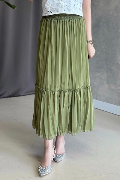 Poliyance İlay Vala Olive Green Long Lined Pleated Chiffon Skirt
