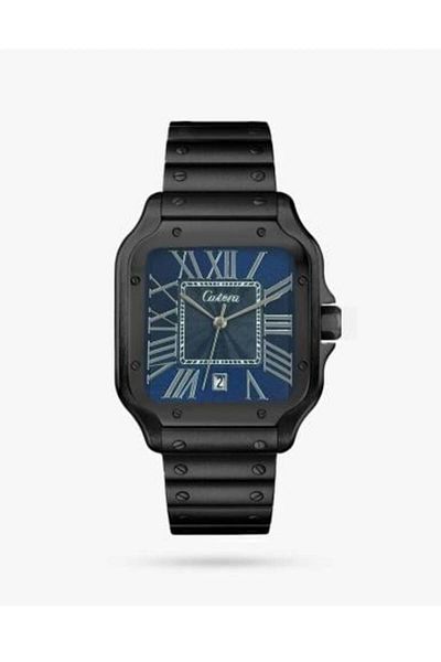 catera Men's square watch with black steel strap and navy blue dial