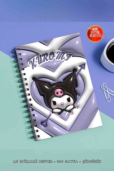 SevindirenŞeyler Kuromi 3D Looking Notebook A5 Metal Spiral Unlined Cardboard Cover Planner Notebook