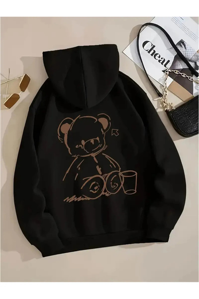 haha سويت شيرت بقلنسوة مطبوع عليه دمية دب