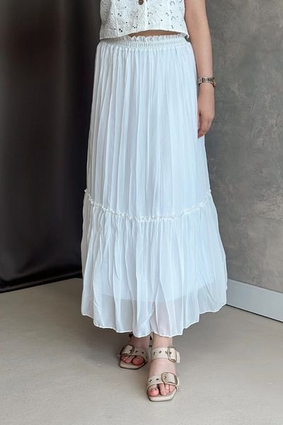 Poliyance İlay Vala White Long Lined Pleated Chiffon Skirt