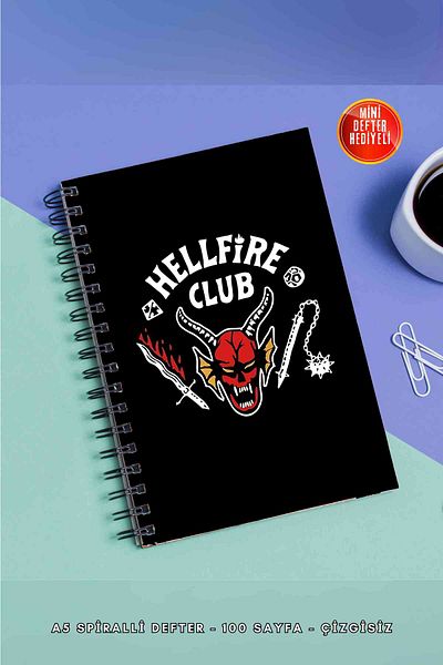 SevindirenŞeyler Stranger Things Hellfire Club Black Notebook A5 Metal Spiral Unlined Cardboard Cover Planner Notebook