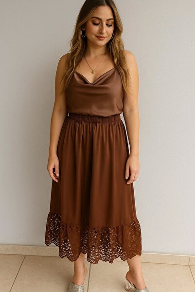 ayakuydur Kadın Kahverengi Güpür Detaylı Midi Boy Etek