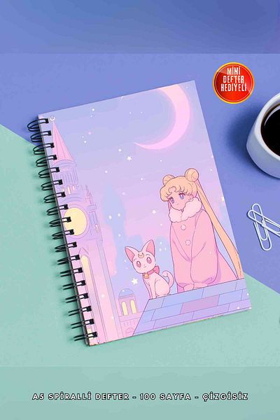 SevindirenŞeyler Sailor Moon Moon Warrior Notebook A5 Metal Spiral Unlined Cardboard Cover Planner Notebook