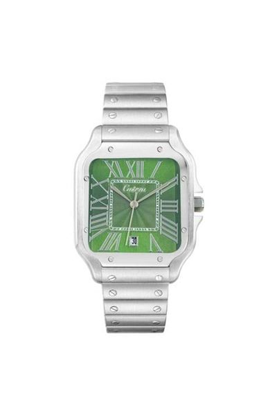 catera Men's square watch with a silver-colored steel strap and a green dial