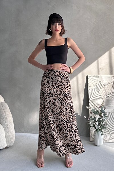 New Now Patterned Long Porked Flare Skirt